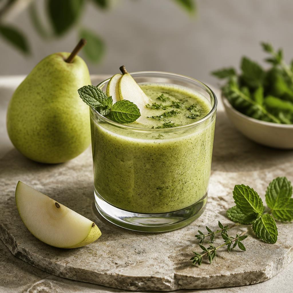 Pale green pear parsley smoothie with lime wedges and fresh parsley