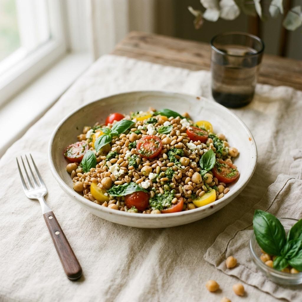 Farro chickpea salad with roasted peppers, arugula and basil pesto