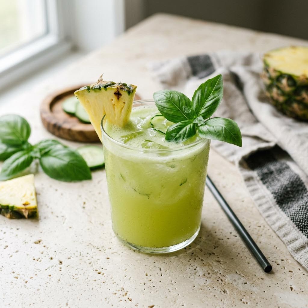 Pale pineapple cucumber basil juice with lime and basil leaves