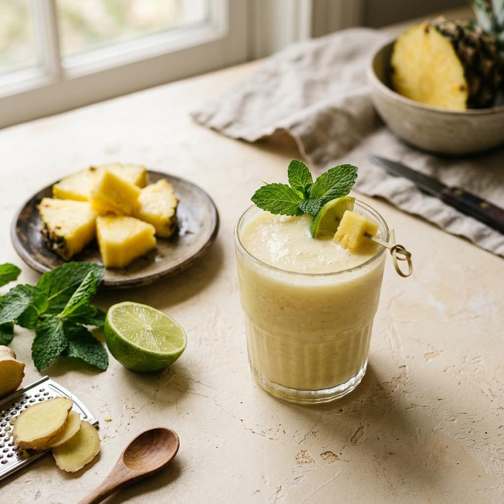 Pale gold pineapple kefir smoothie with mint leaves and fresh ginger