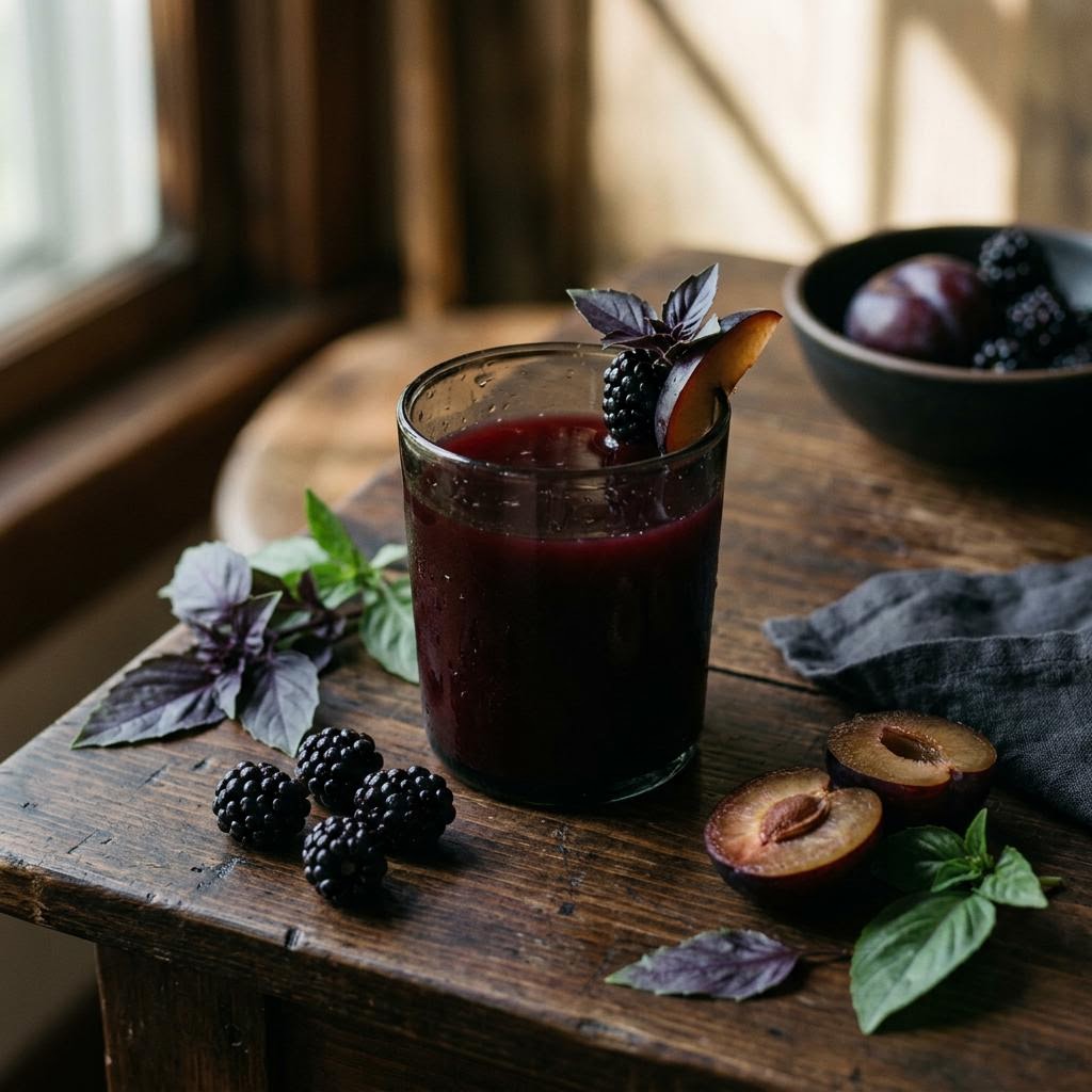 Deep purple plum blackberry basil juice with fresh berries and basil