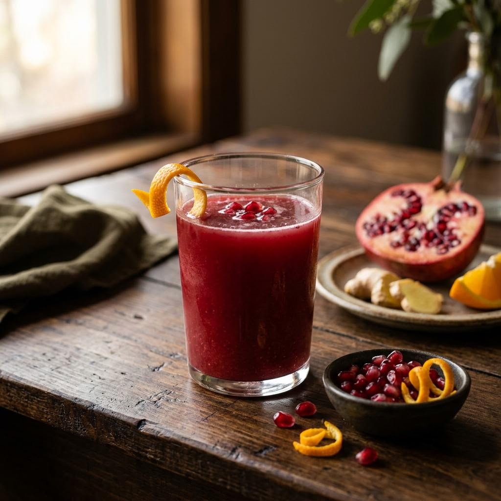 Ruby pomegranate orange ginger juice with citrus and pomegranate seeds
