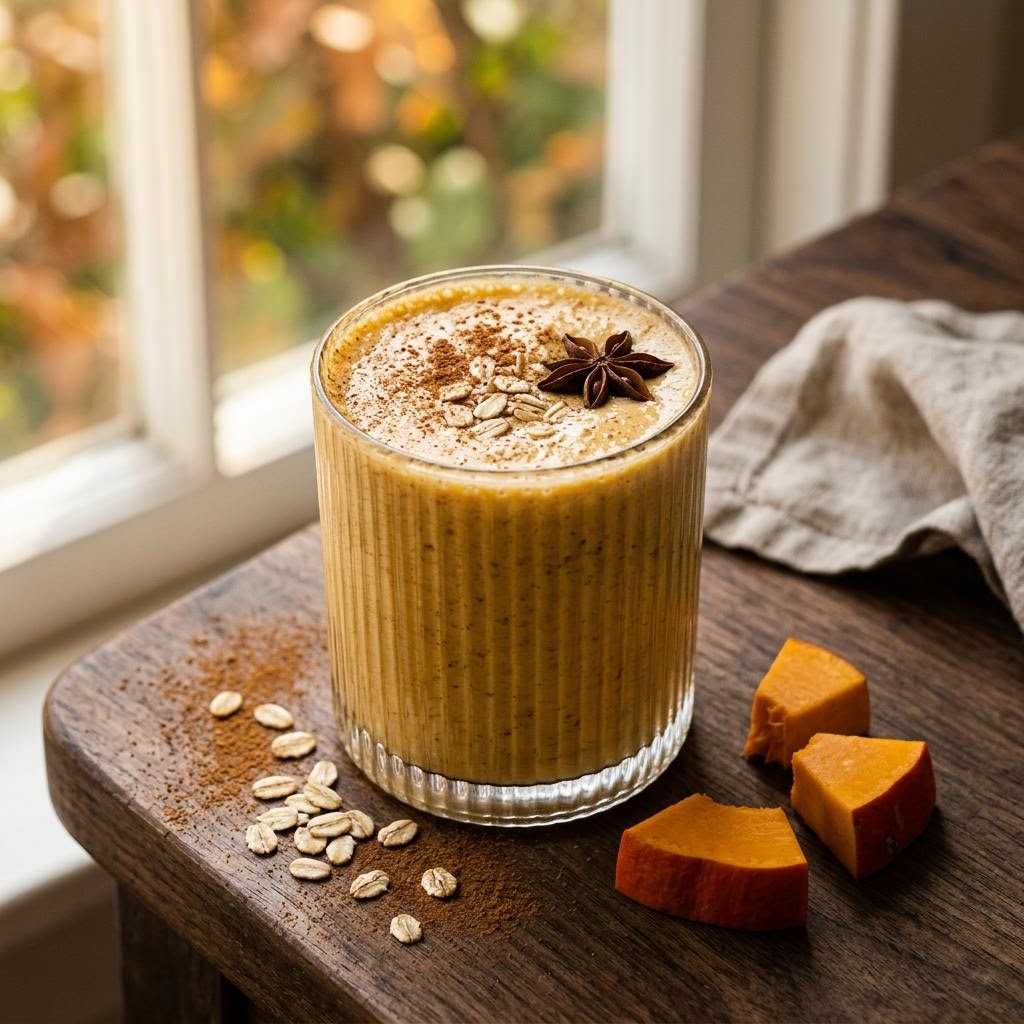 Pumpkin chai oat smoothie in a glass with cinnamon and pumpkin seeds