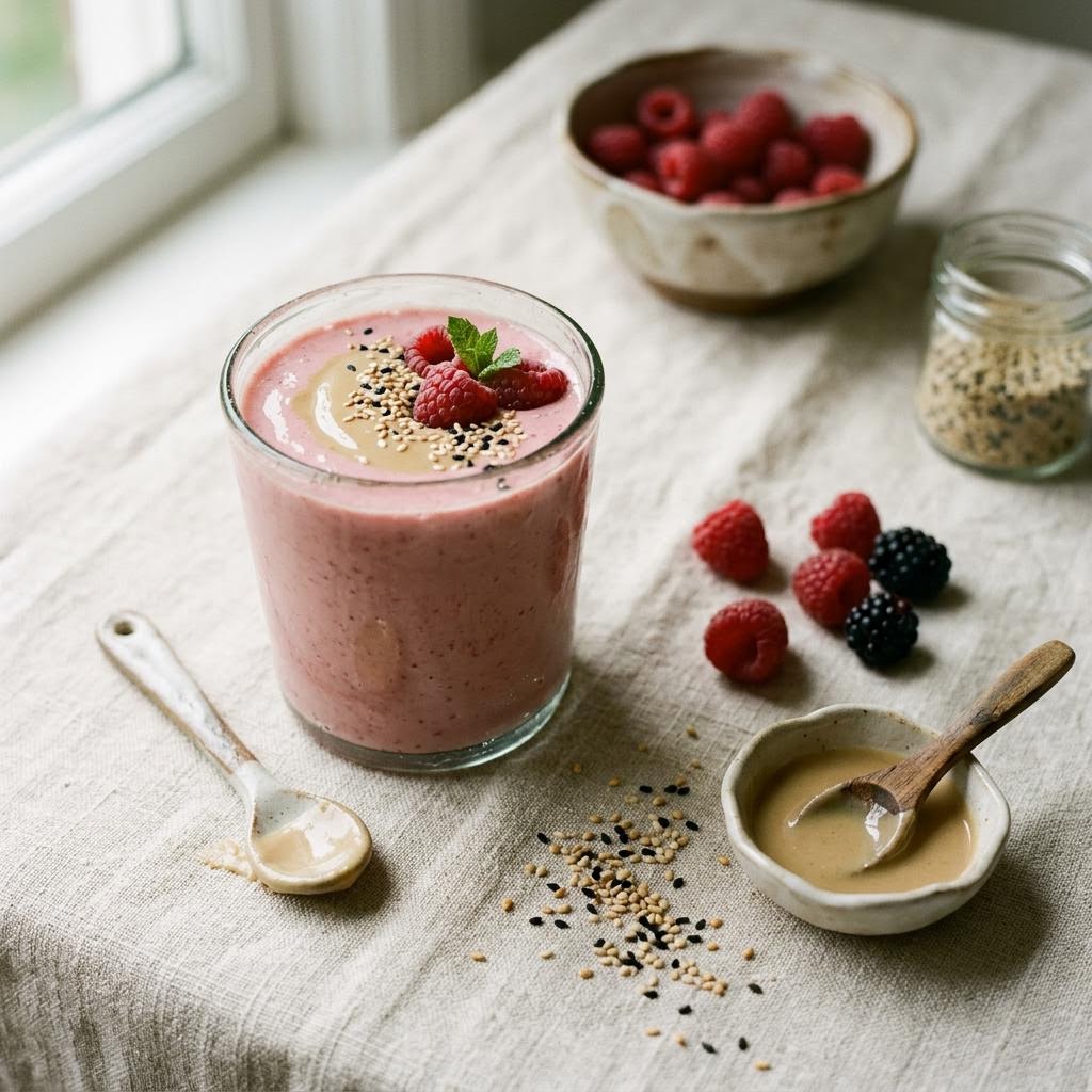 Raspberry tahini smoothie in a pale pink glass with sesame seeds