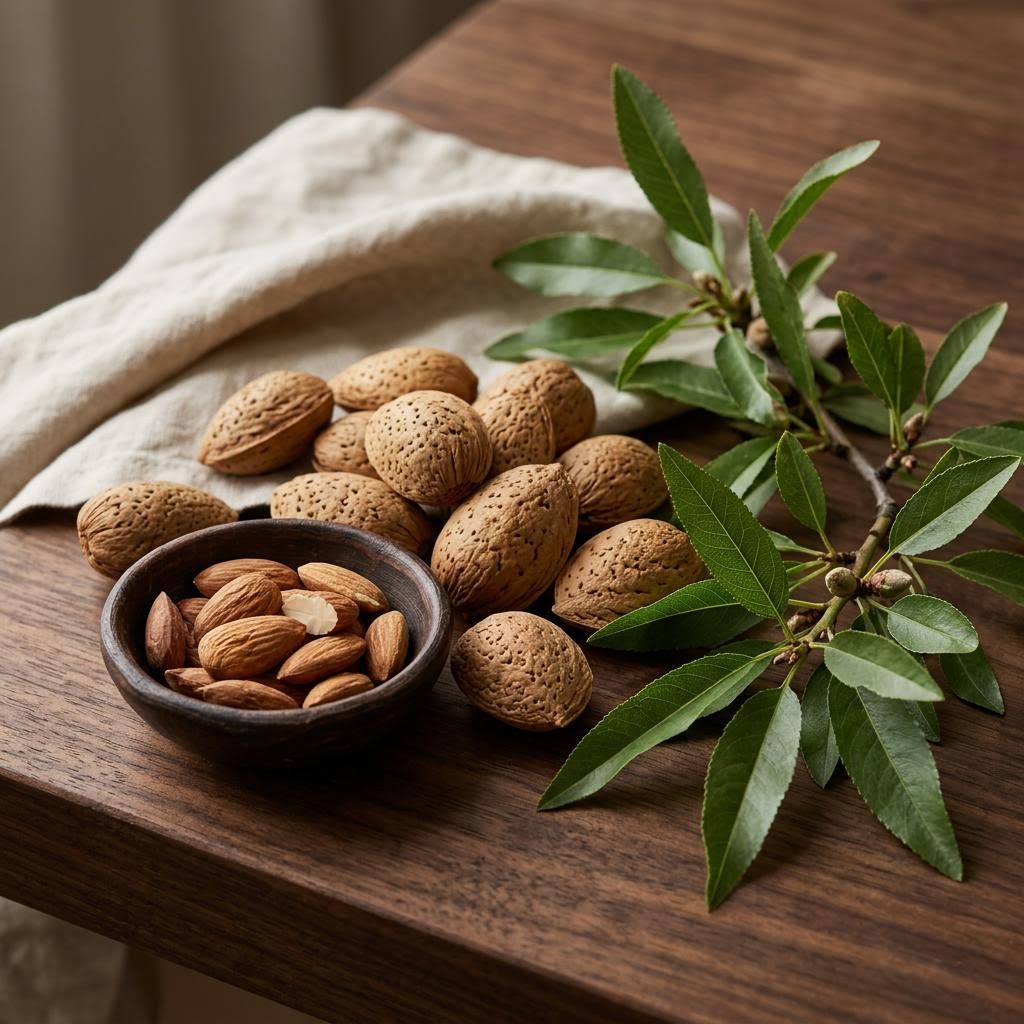 Almonds (Prunus dulcis) arranged as a botanical ingredient still life on dark walnut and cream linen