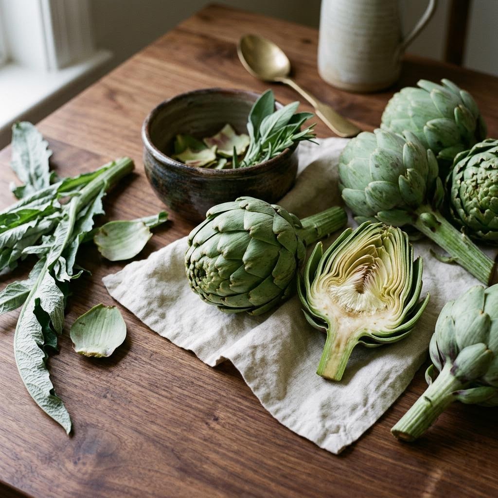 Artichoke (Cynara scolymus) arranged as a botanical ingredient still life on dark walnut and cream linen