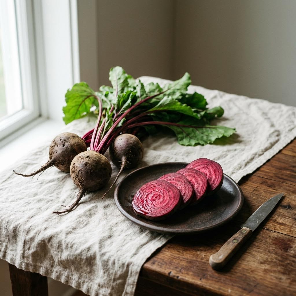 Beetroot (Beta vulgaris) arranged as a botanical ingredient still life on dark walnut and cream linen