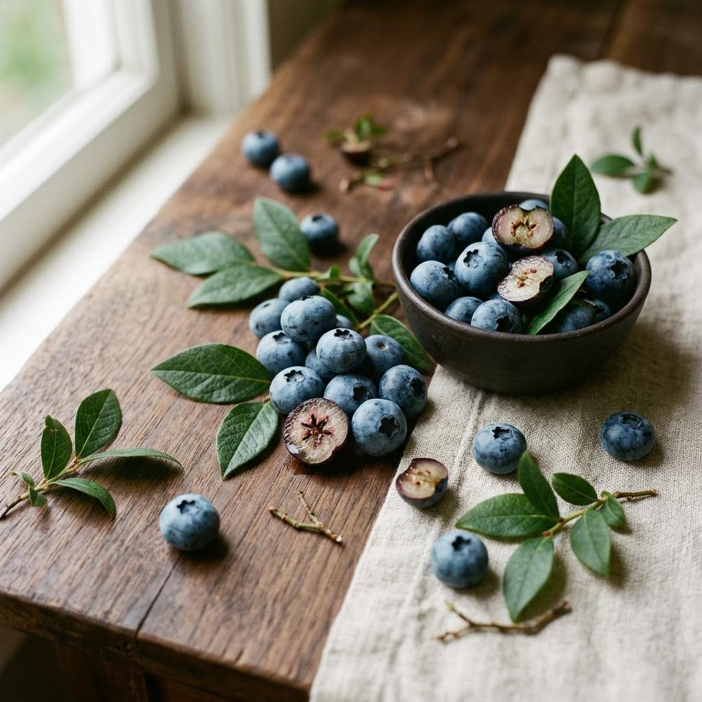 Blueberries (Vaccinium corymbosum) arranged as a botanical ingredient still life on dark walnut and cream linen