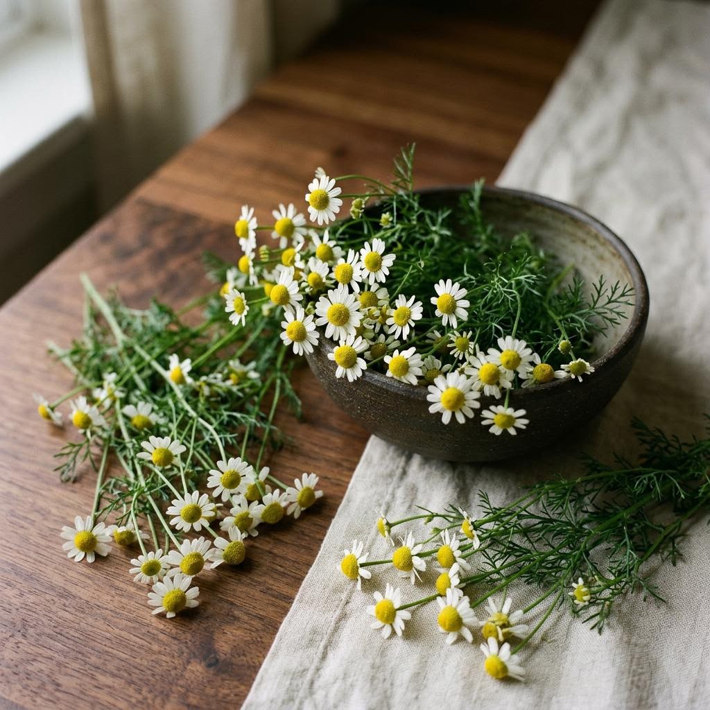 Chamomile (Matricaria chamomilla) arranged as a botanical ingredient still life on dark walnut and cream linen