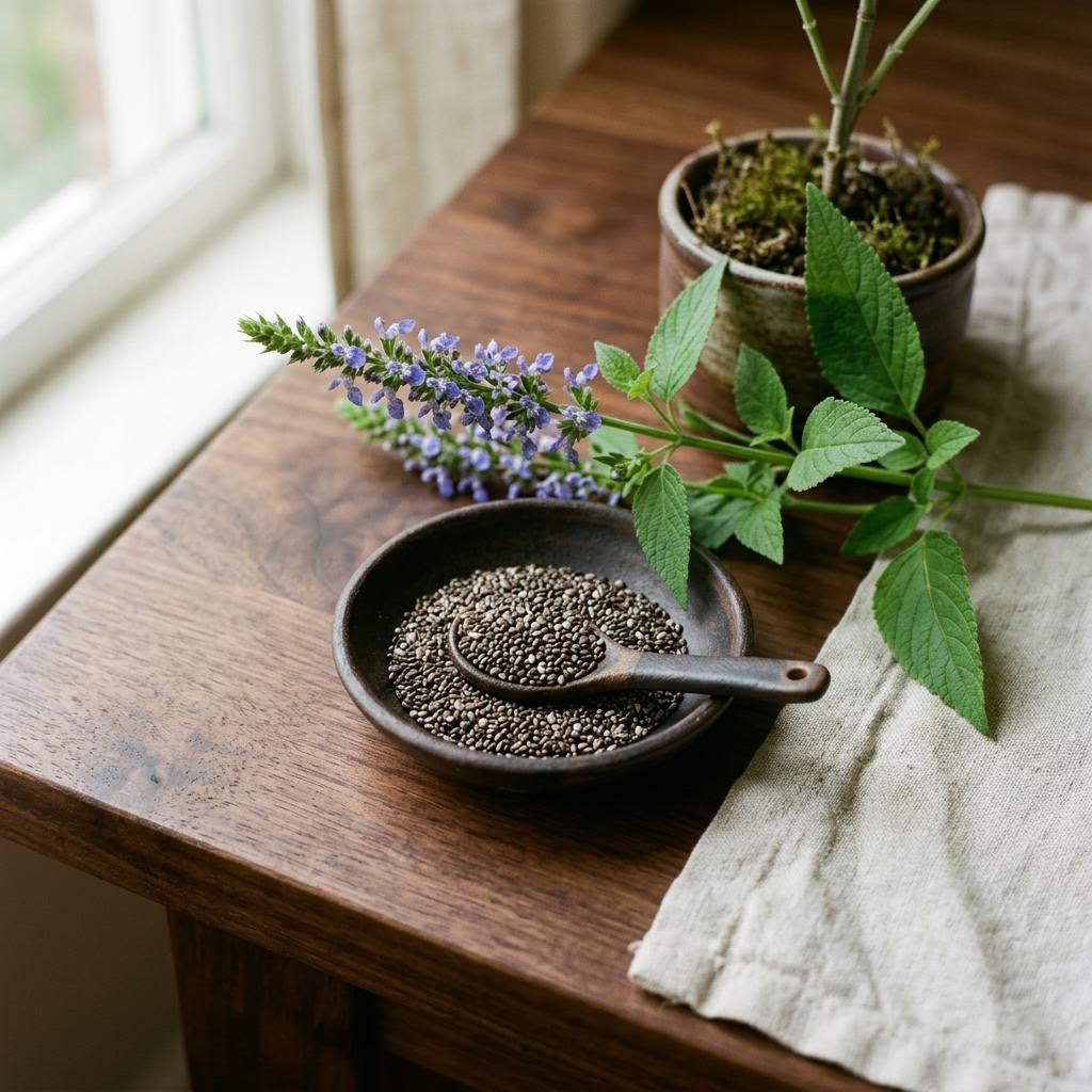 Chia Seeds (Salvia hispanica) arranged as a botanical ingredient still life on dark walnut and cream linen