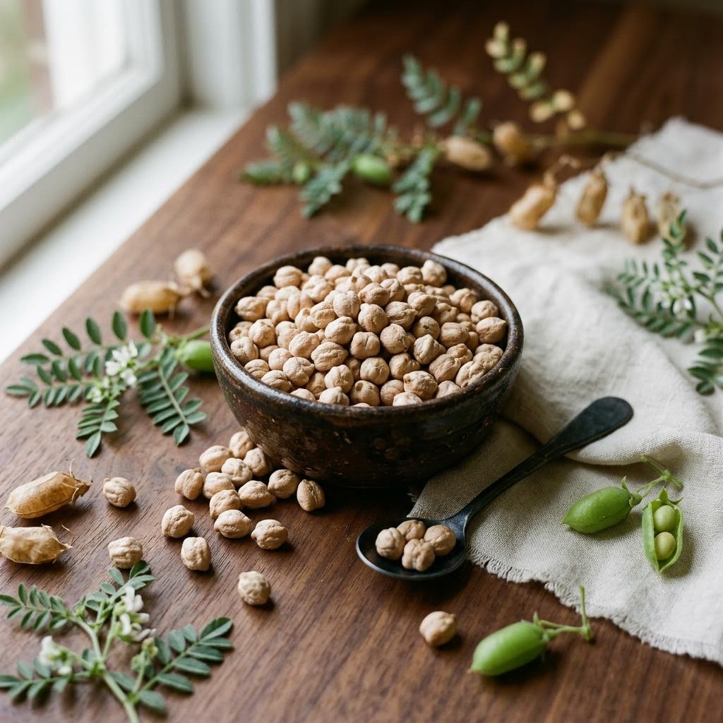 Chickpeas (Cicer arietinum) arranged as a botanical ingredient still life on dark walnut and cream linen