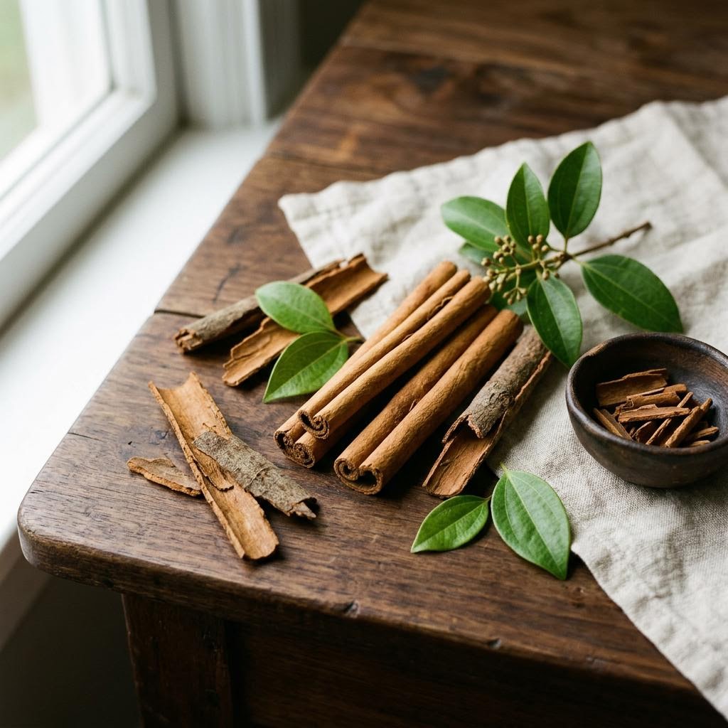 Cinnamon (Cinnamomum verum / cassia) arranged as a botanical ingredient still life on dark walnut and cream linen