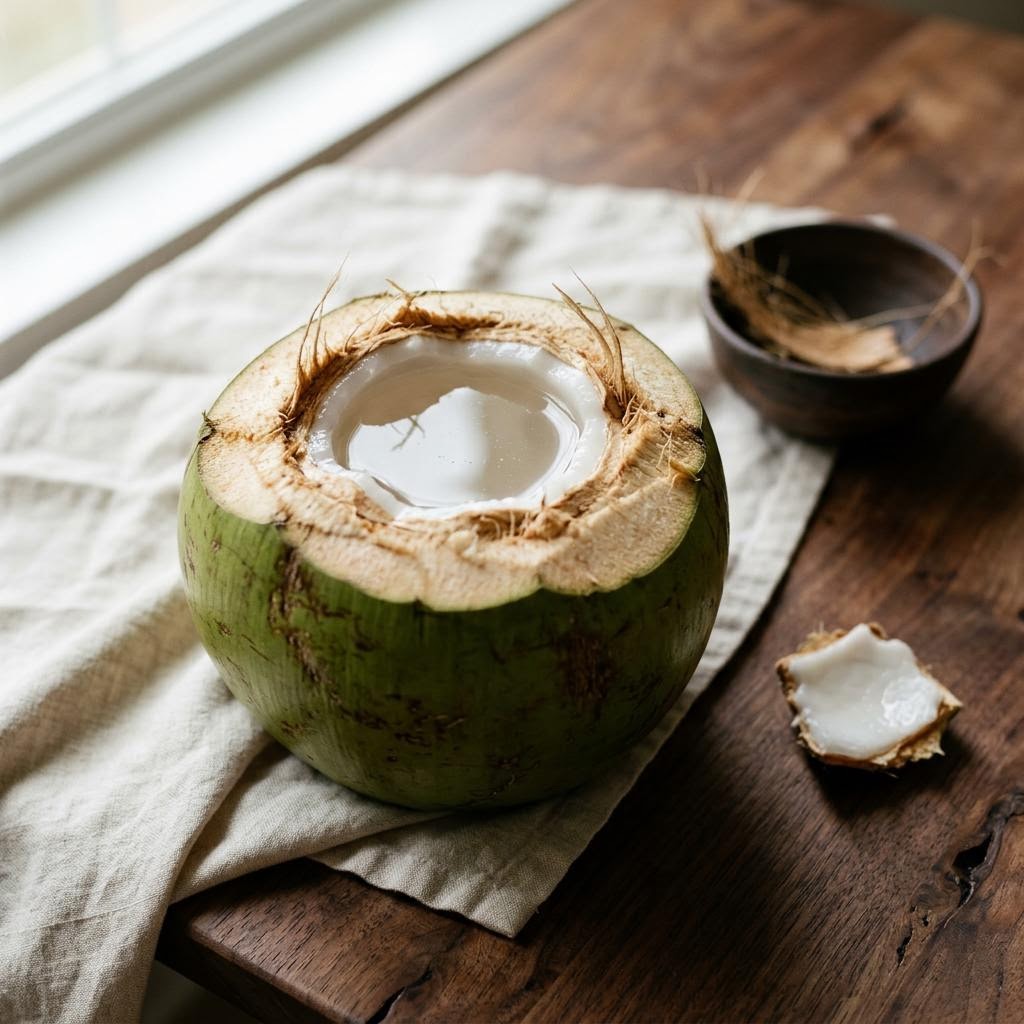 Coconut Water (Cocos nucifera) arranged as a botanical ingredient still life on dark walnut and cream linen
