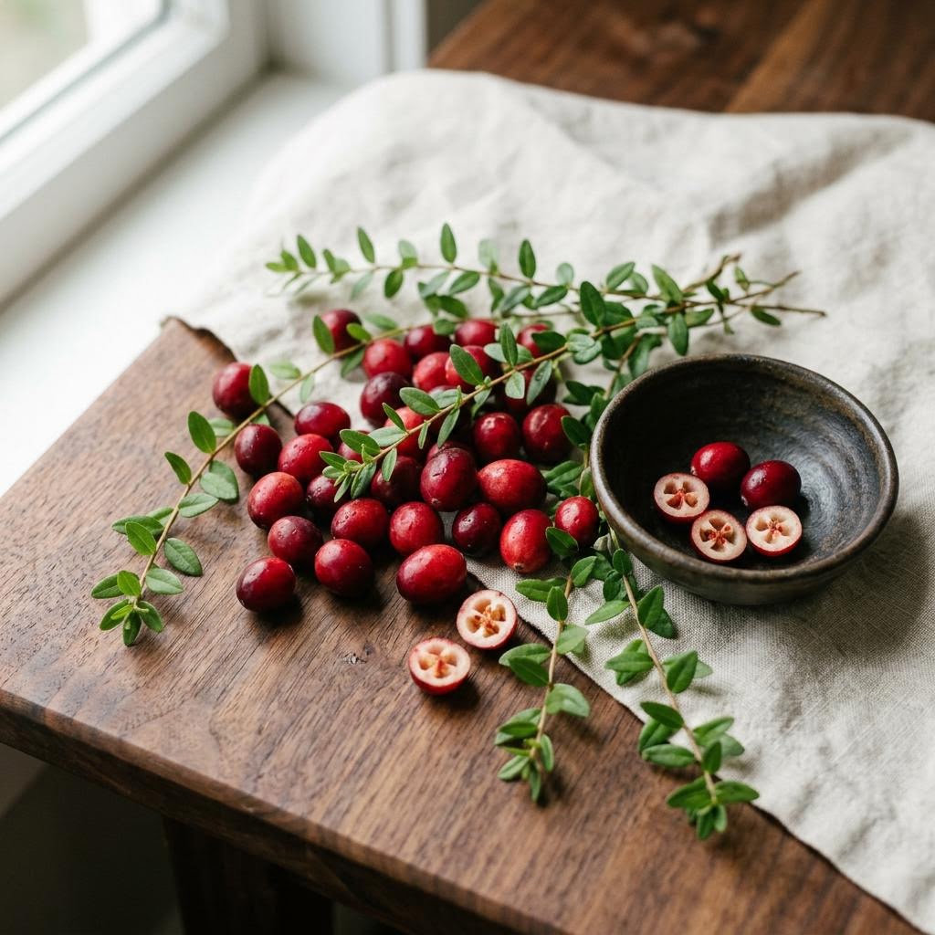 Cranberry (Vaccinium macrocarpon) arranged as a botanical ingredient still life on dark walnut and cream linen