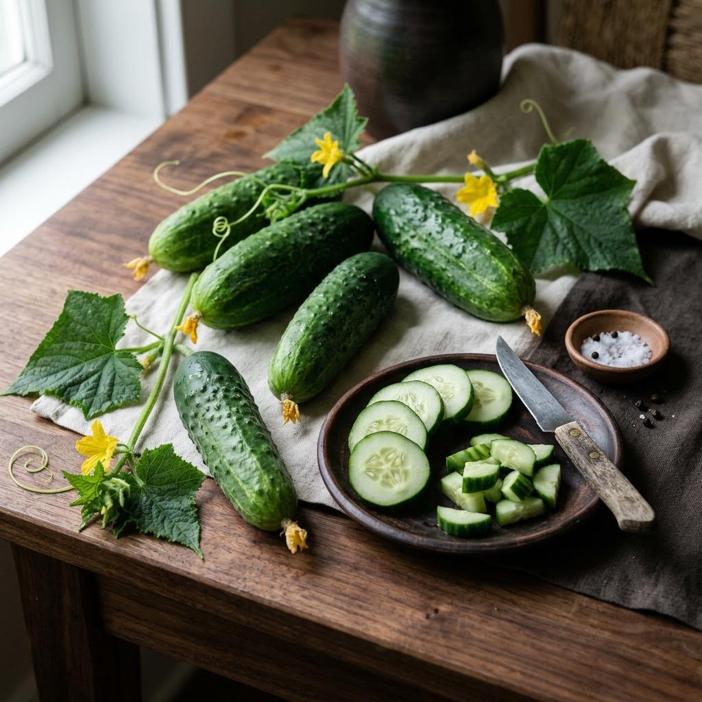 Cucumber (Cucumis sativus) arranged as a botanical ingredient still life on dark walnut and cream linen