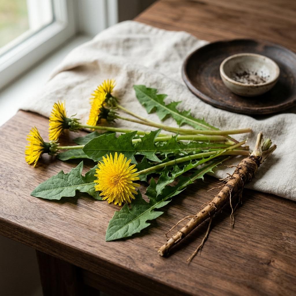 Dandelion (Taraxacum officinale) arranged as a botanical ingredient still life on dark walnut and cream linen