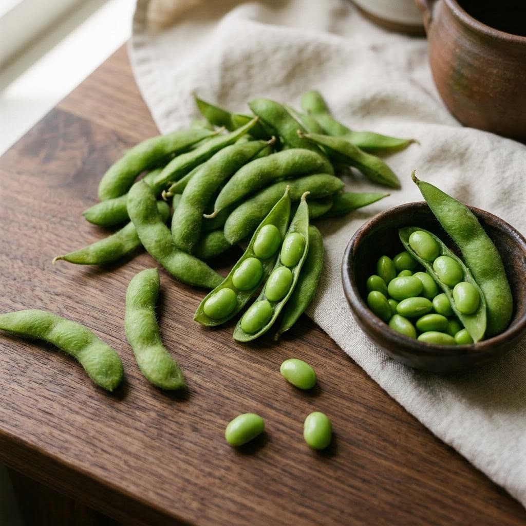 Edamame (Glycine max) arranged as a botanical ingredient still life on dark walnut and cream linen