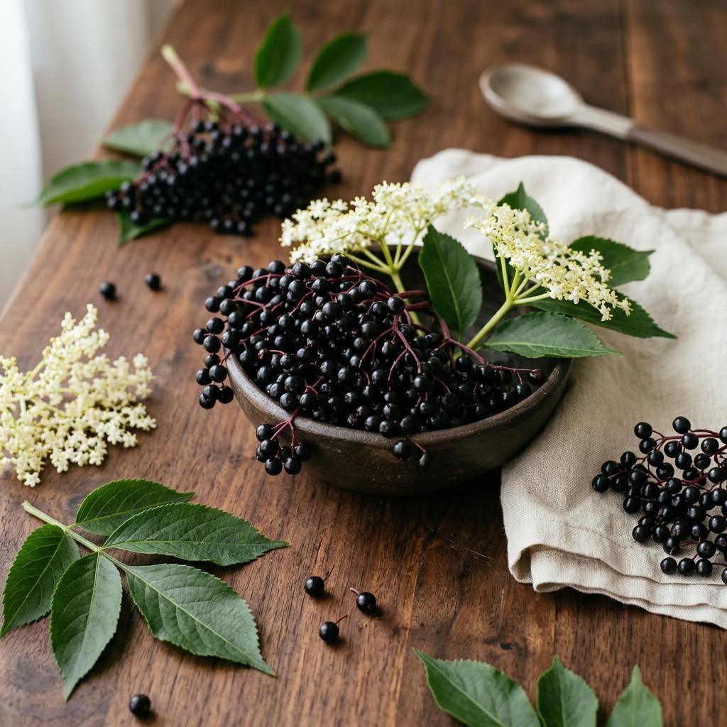 Elderberry (Sambucus nigra) arranged as a botanical ingredient still life on dark walnut and cream linen