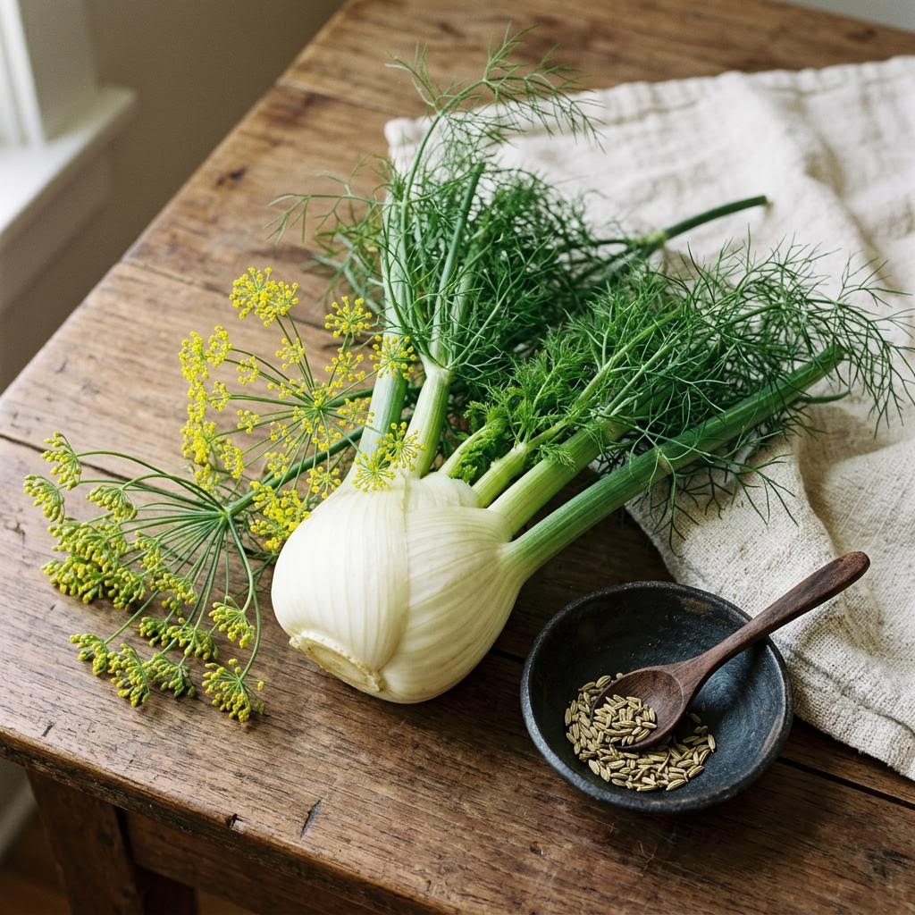 Fennel (Foeniculum vulgare) arranged as a botanical ingredient still life on dark walnut and cream linen