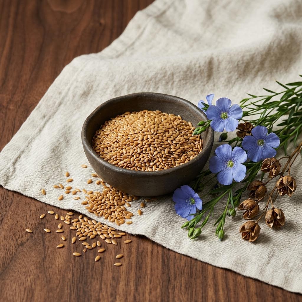 Flaxseed (Linum usitatissimum) arranged as a botanical ingredient still life on dark walnut and cream linen