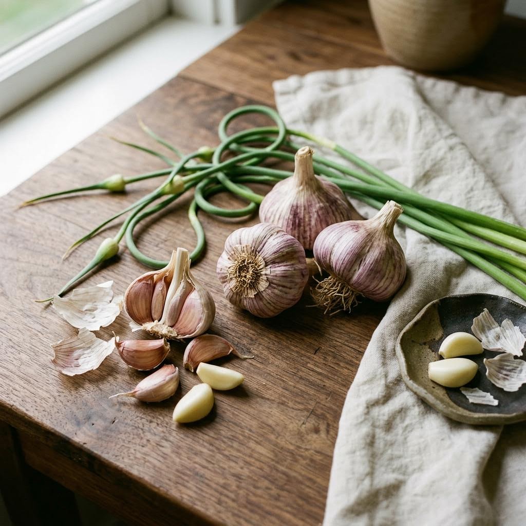Garlic (Allium sativum) arranged as a botanical ingredient still life on dark walnut and cream linen