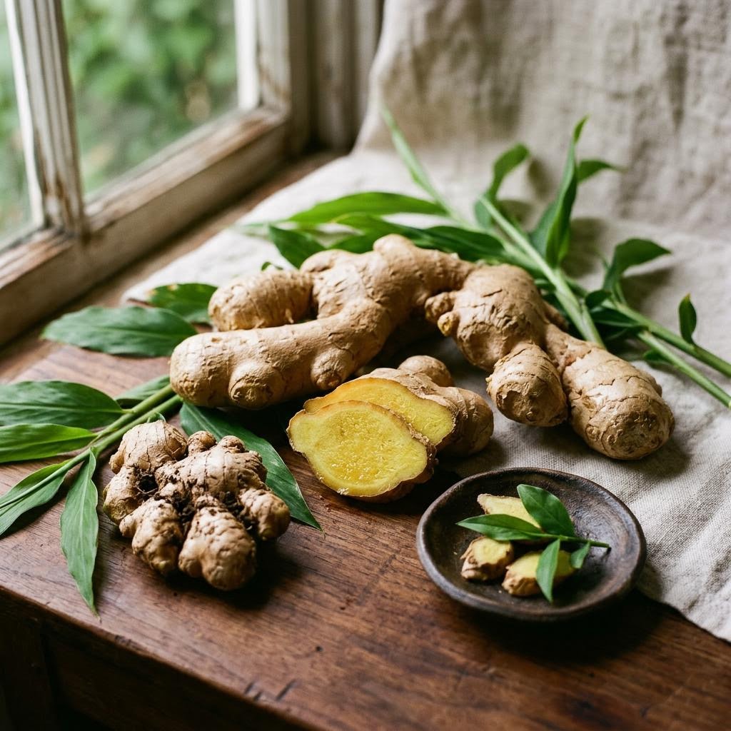 Ginger (Zingiber officinale) arranged as a botanical ingredient still life on dark walnut and cream linen