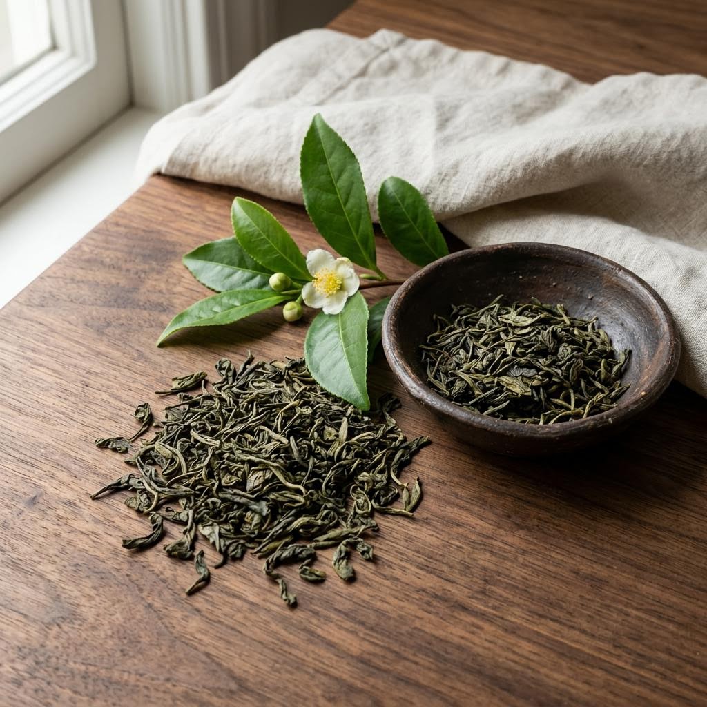 Green Tea (Camellia sinensis) arranged as a botanical ingredient still life on dark walnut and cream linen