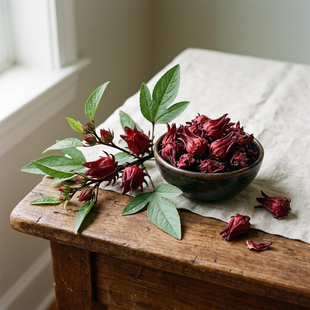 Hibiscus (Hibiscus sabdariffa) arranged as a botanical ingredient still life on dark walnut and cream linen