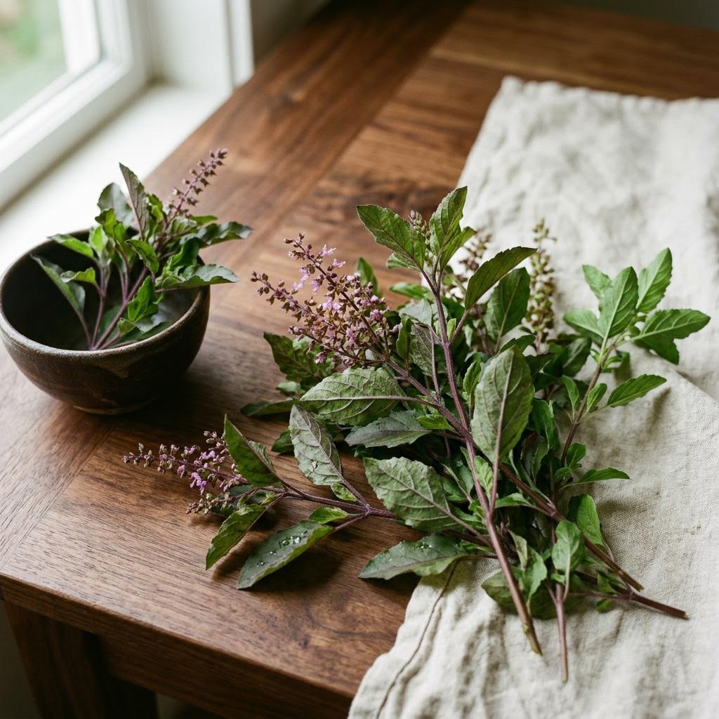 Holy Basil (Ocimum tenuiflorum) arranged as a botanical ingredient still life on dark walnut and cream linen