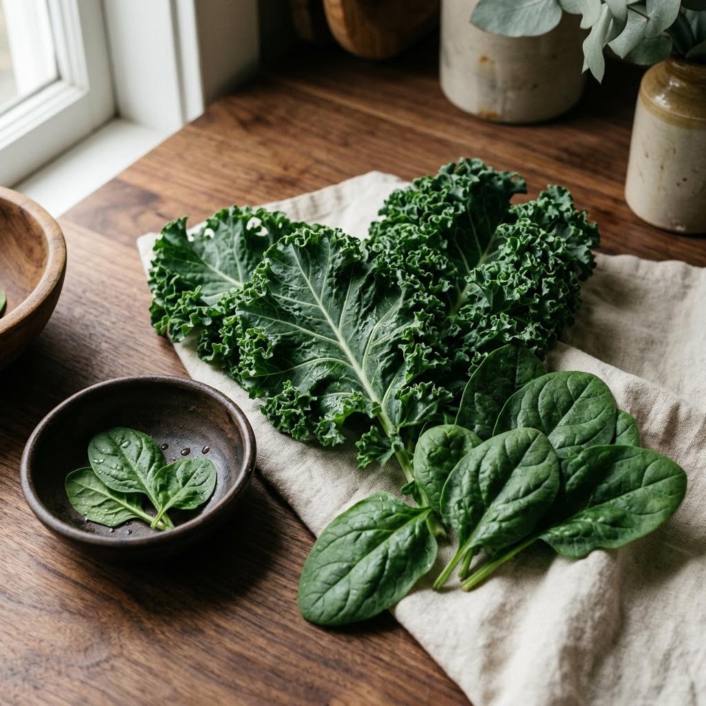 Leafy Greens (Spinacia oleracea / Brassica oleracea) arranged as a botanical ingredient still life on dark walnut and cream linen