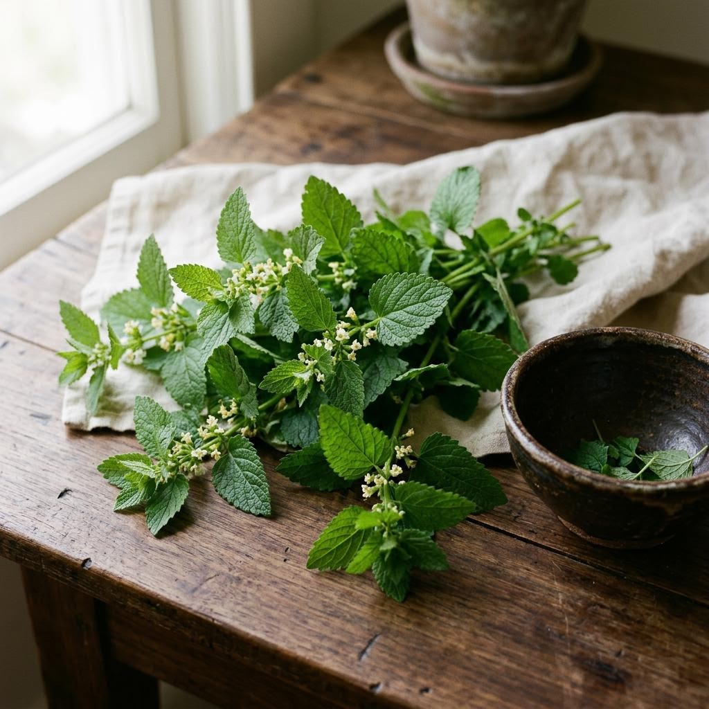 Lemon Balm (Melissa officinalis) arranged as a botanical ingredient still life on dark walnut and cream linen