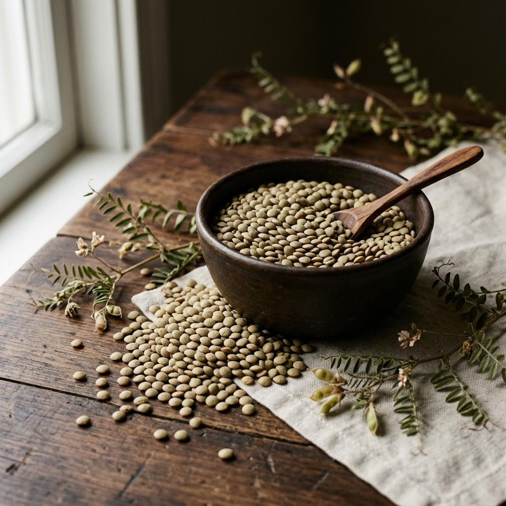 Lentils (Lens culinaris) arranged as a botanical ingredient still life on dark walnut and cream linen