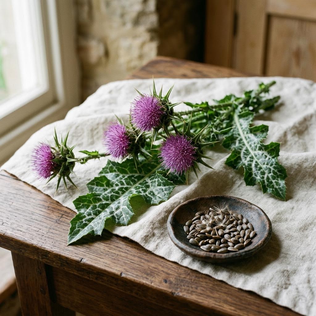 Milk Thistle (Silybum marianum) arranged as a botanical ingredient still life on dark walnut and cream linen