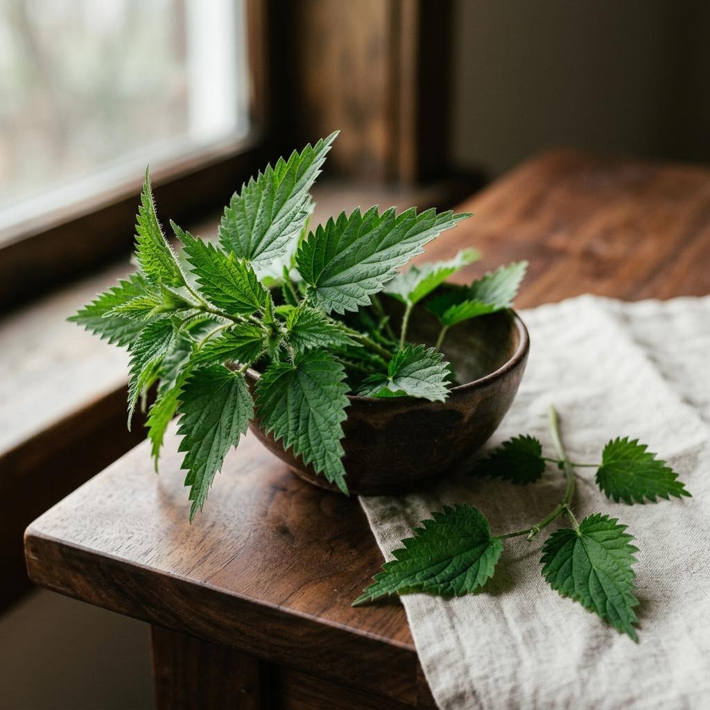 Nettle (Urtica dioica) arranged as a botanical ingredient still life on dark walnut and cream linen