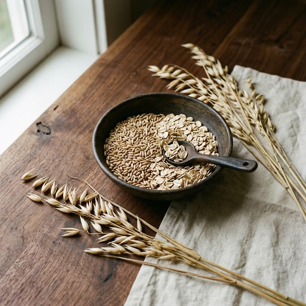 Oats (Avena sativa) arranged as a botanical ingredient still life on dark walnut and cream linen