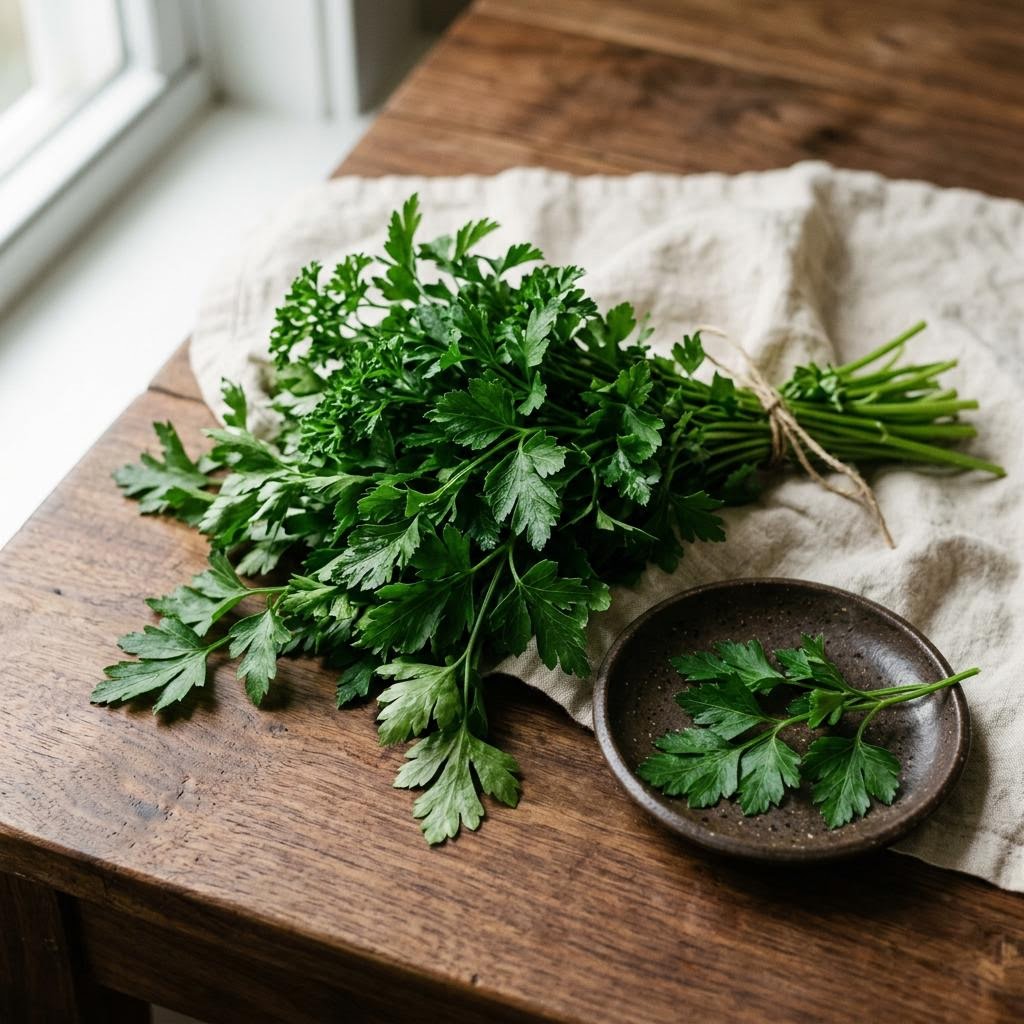Parsley (Petroselinum crispum) arranged as a botanical ingredient still life on dark walnut and cream linen