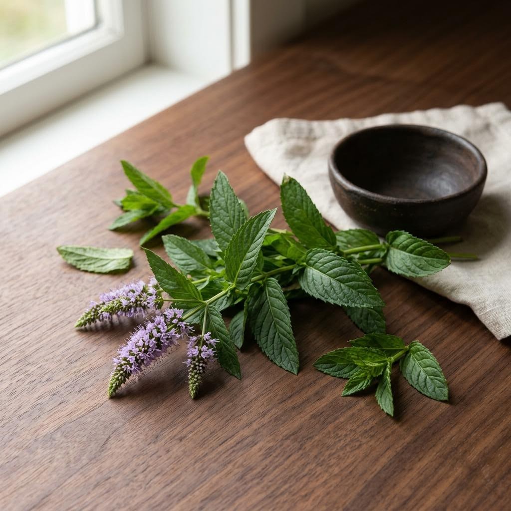 Peppermint (Mentha × piperita) arranged as a botanical ingredient still life on dark walnut and cream linen
