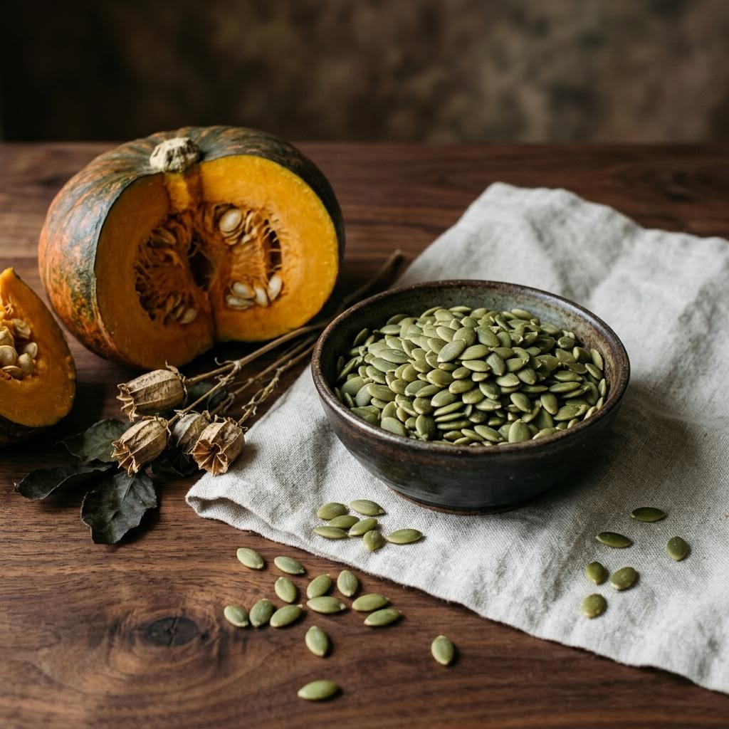 Pumpkin Seeds (Cucurbita pepo) arranged as a botanical ingredient still life on dark walnut and cream linen