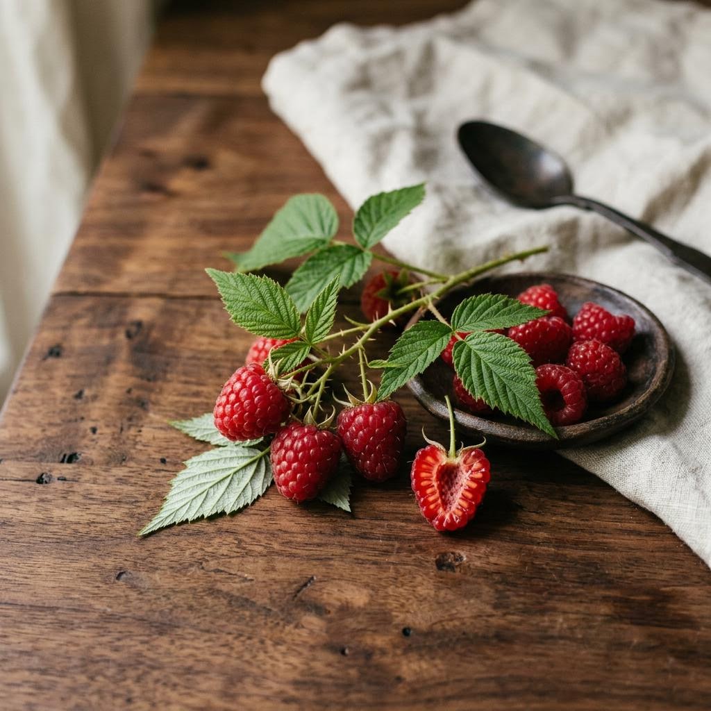 Raspberries (Rubus idaeus) arranged as a botanical ingredient still life on dark walnut and cream linen