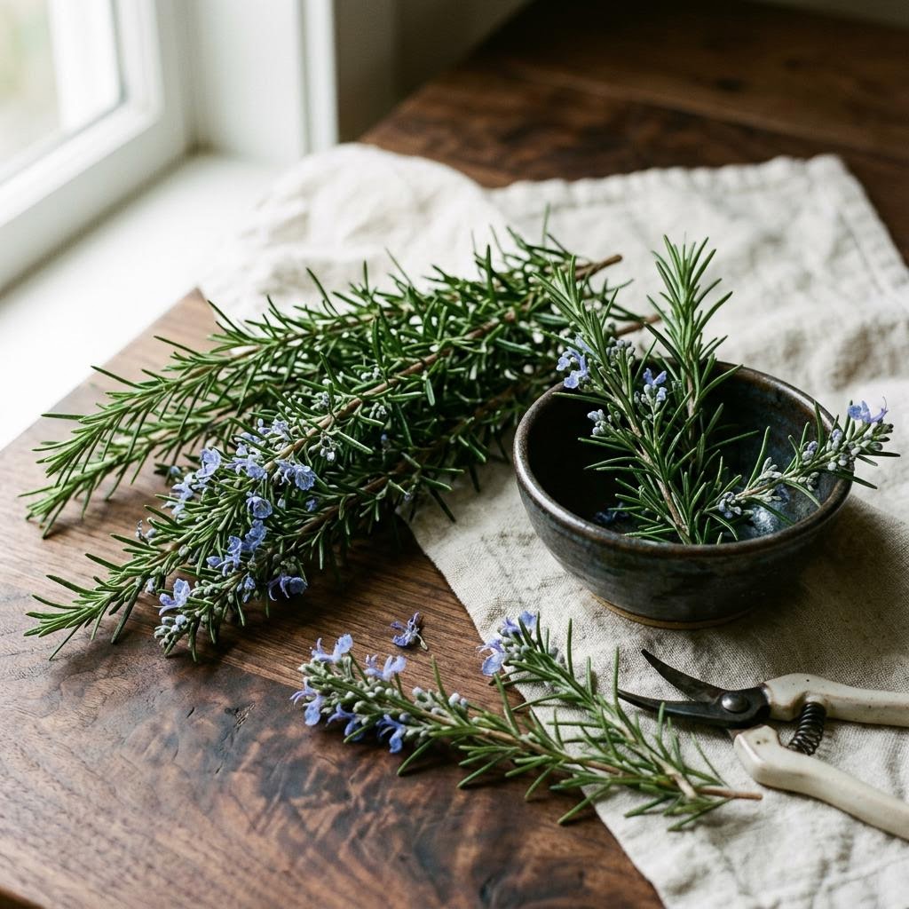 Rosemary (Salvia rosmarinus) arranged as a botanical ingredient still life on dark walnut and cream linen