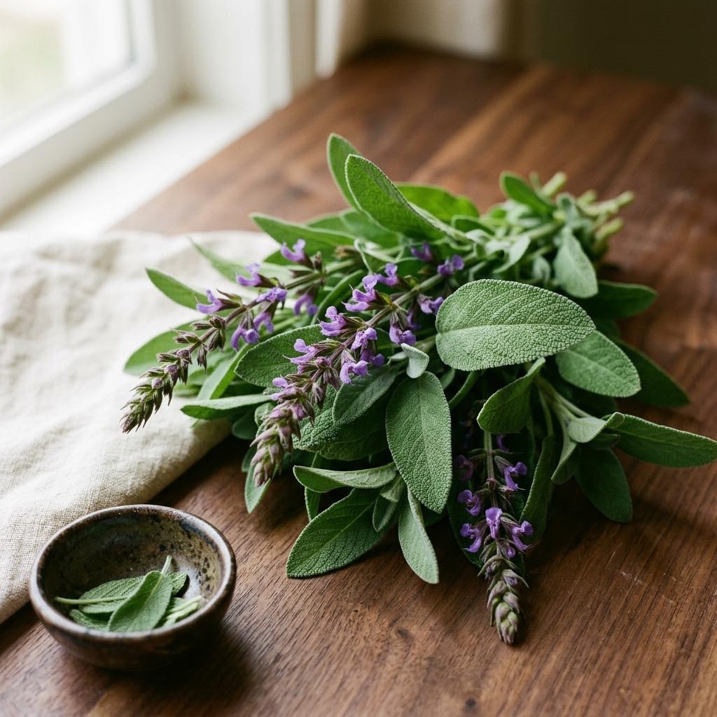 Sage (Salvia officinalis) arranged as a botanical ingredient still life on dark walnut and cream linen