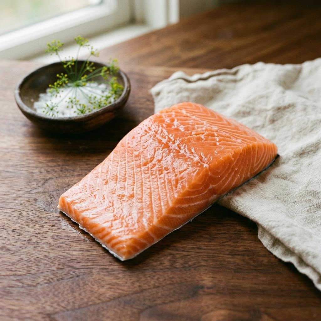 Salmon (Salmo salar) arranged as a botanical ingredient still life on dark walnut and cream linen