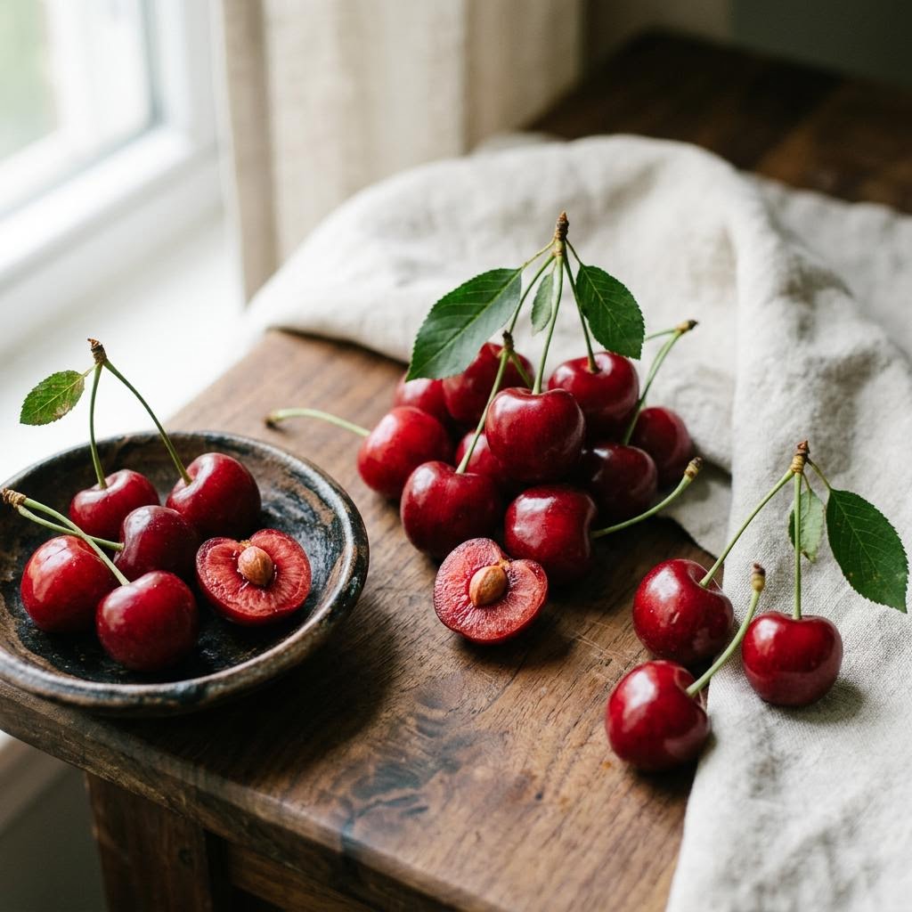 Tart Cherry (Prunus cerasus) arranged as a botanical ingredient still life on dark walnut and cream linen
