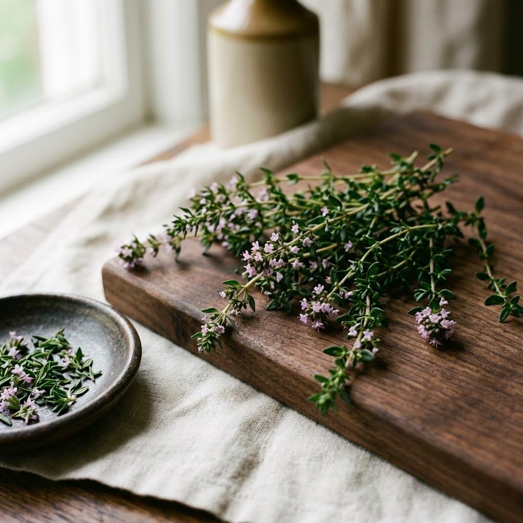 Thyme (Thymus vulgaris) arranged as a botanical ingredient still life on dark walnut and cream linen