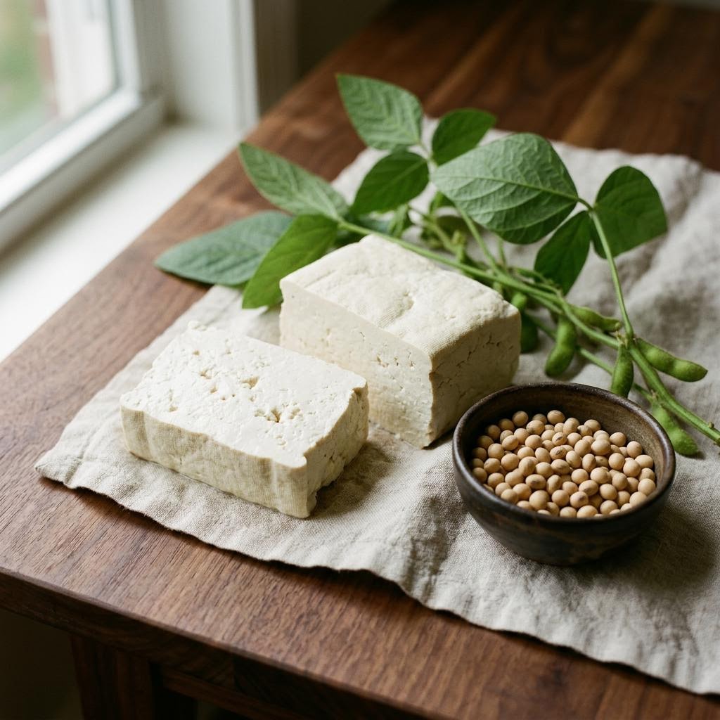 Tofu (Glycine max) arranged as a botanical ingredient still life on dark walnut and cream linen