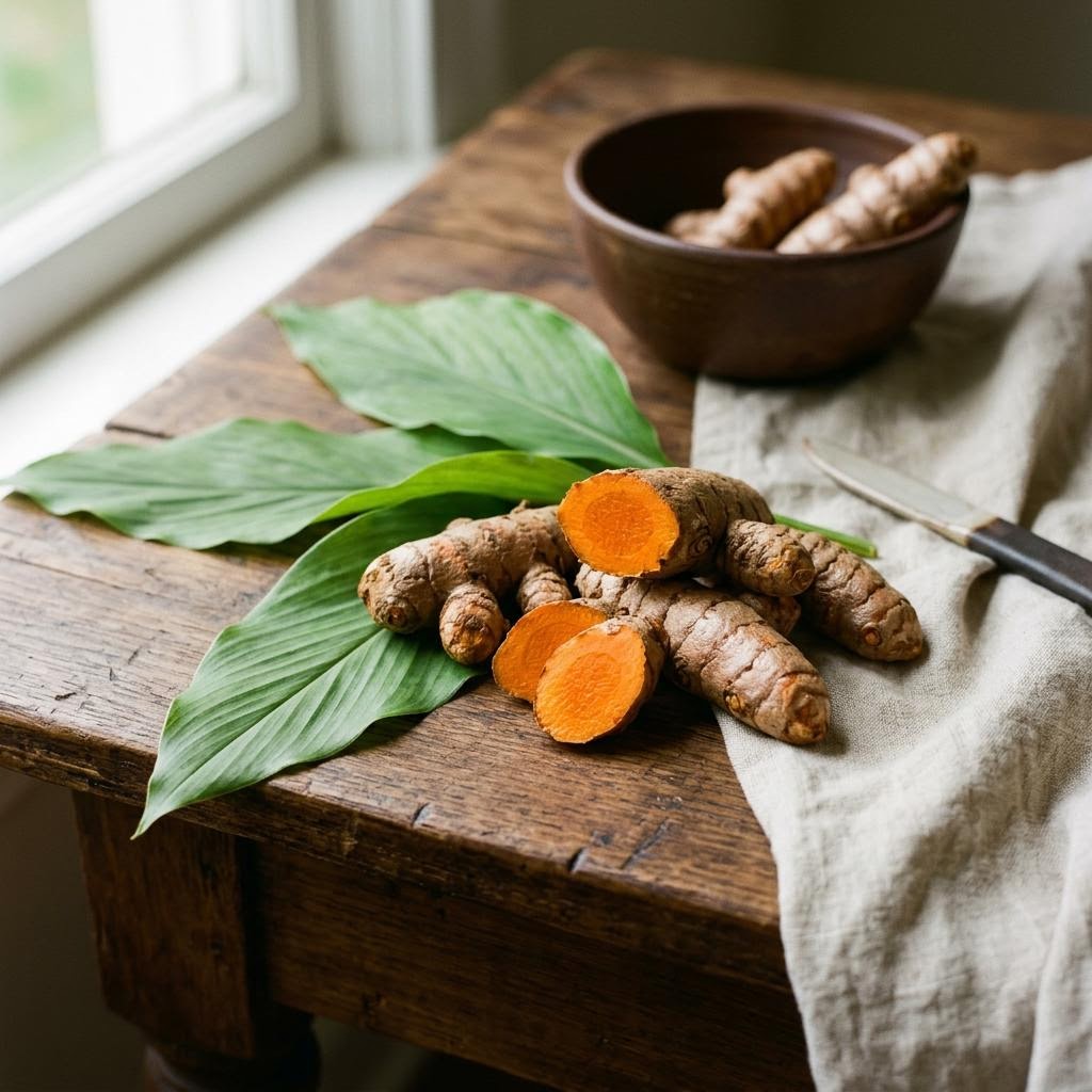 Turmeric (Curcuma longa) arranged as a botanical ingredient still life on dark walnut and cream linen