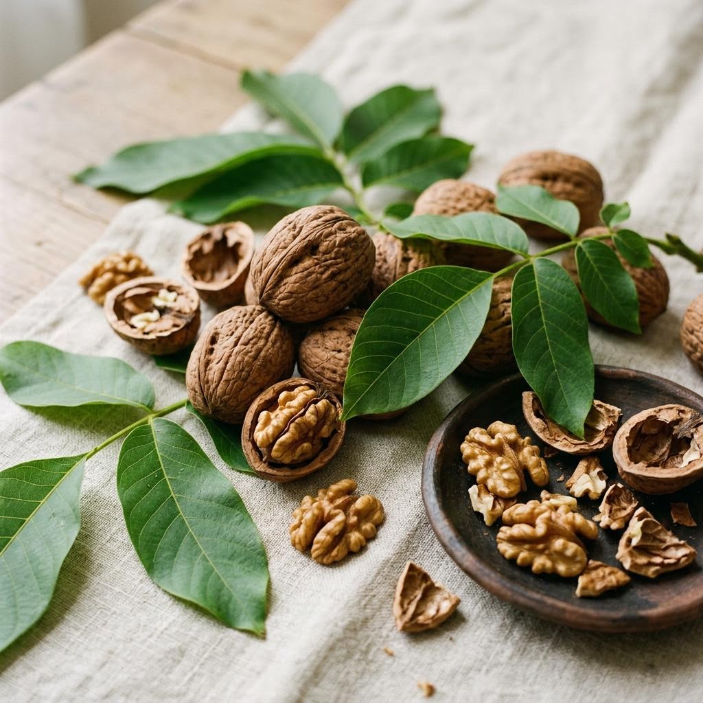 Walnuts (Juglans regia) arranged as a botanical ingredient still life on dark walnut and cream linen