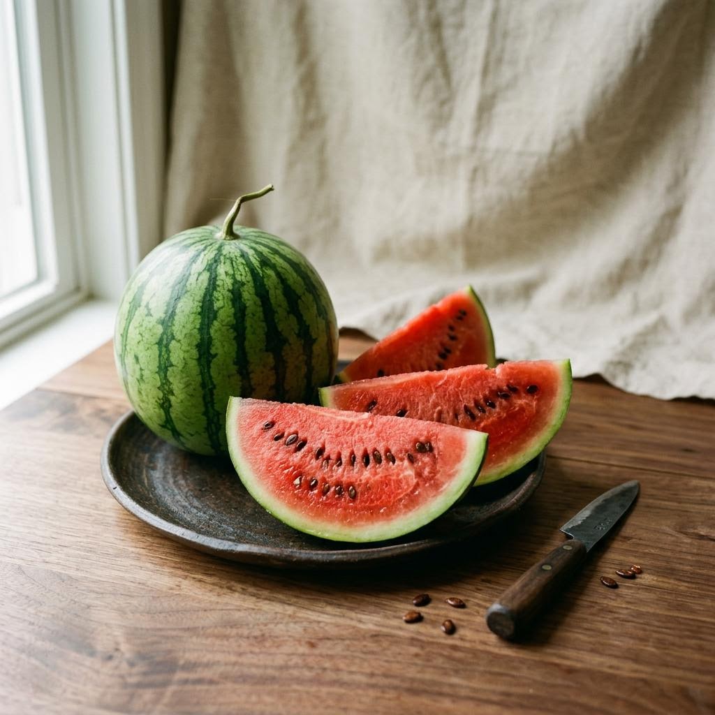 Watermelon (Citrullus lanatus) arranged as a botanical ingredient still life on dark walnut and cream linen