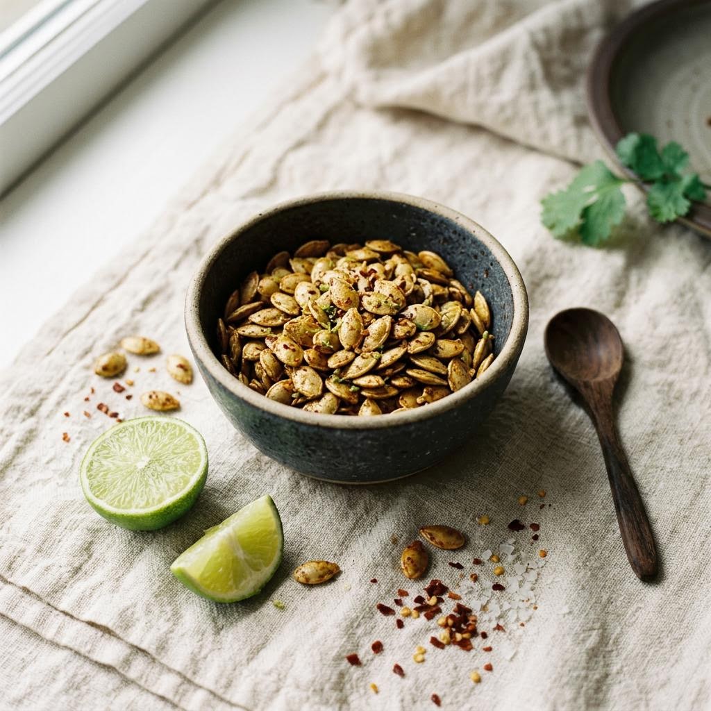 Roasted pumpkin seeds with lime zest, cumin and smoked paprika