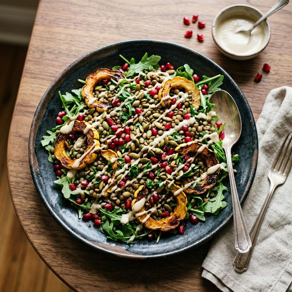 Roasted squash lentil salad with arugula pepitas and herbs